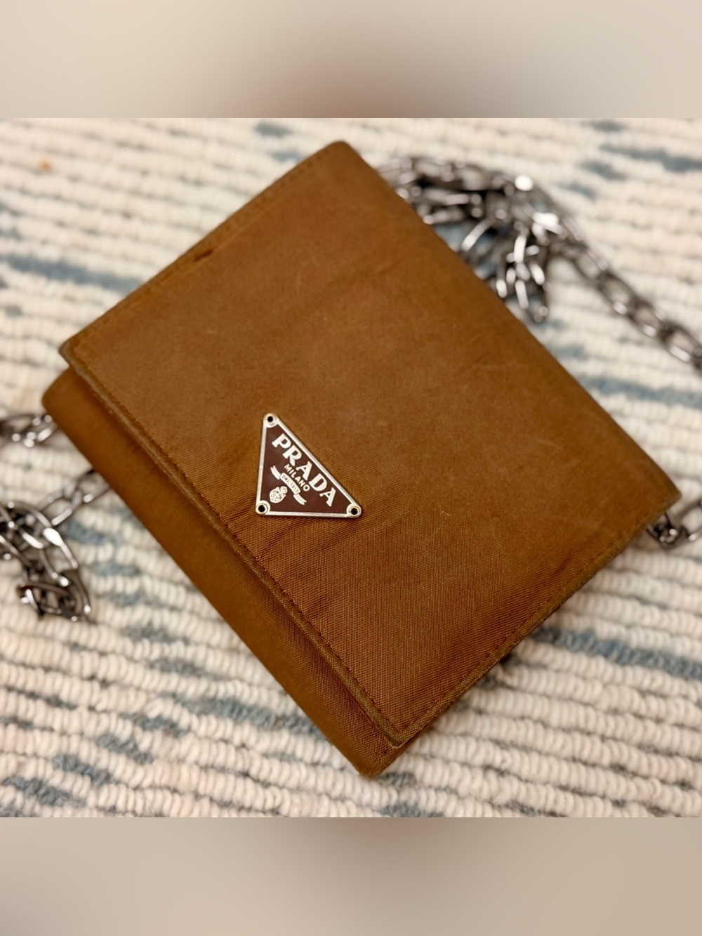 PRADA Vintage Y2K Chic Minimalist Brown Tessuto Nylon Trifold Wallet W/ Chain - Picture 5 of 16